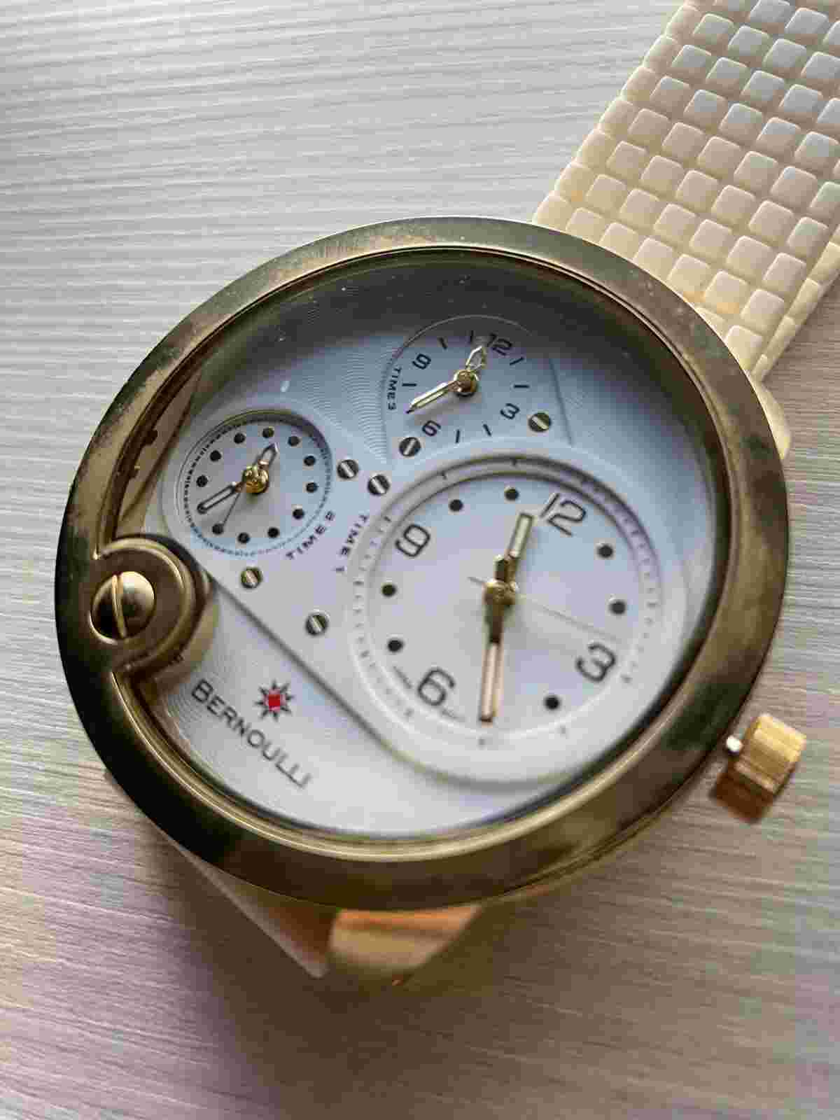 Rare Bernoulli Big White Dial Triple Time White Rubber Strap Watch