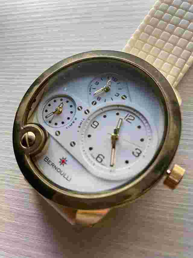 Rare Bernoulli Big White Dial Triple Time White Rubber Strap Watch