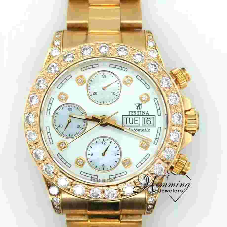 FESTINA Chronograph F652-953A- 18K Gold w/ 4 CT Diamonds-Swiss Made