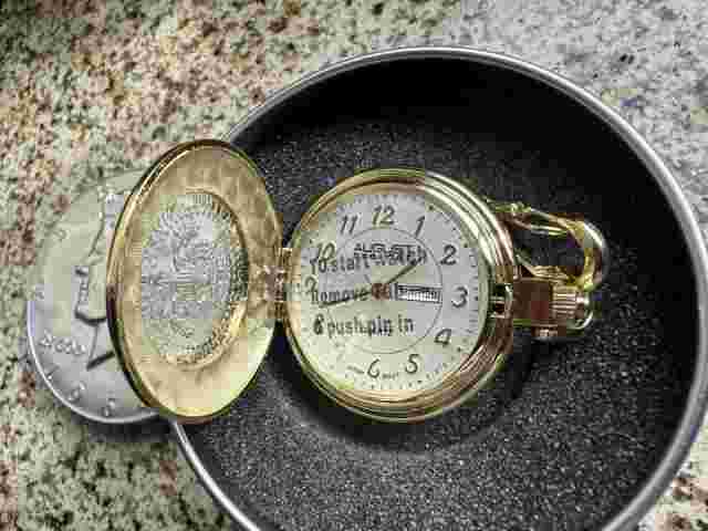 August Steiner Kennedy Half Dollar Coin Pocket Watch with Tin Case JFK