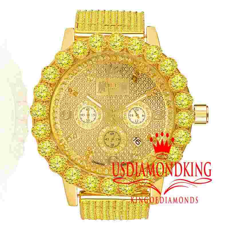 Canary Solitaire Bezel Yellow Gold Tone Real Diamond Men's Custom Watch W/ Date