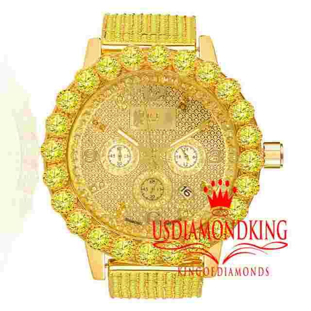 Canary Solitaire Bezel Yellow Gold Tone Real Diamond Men's Custom Watch W/ Date