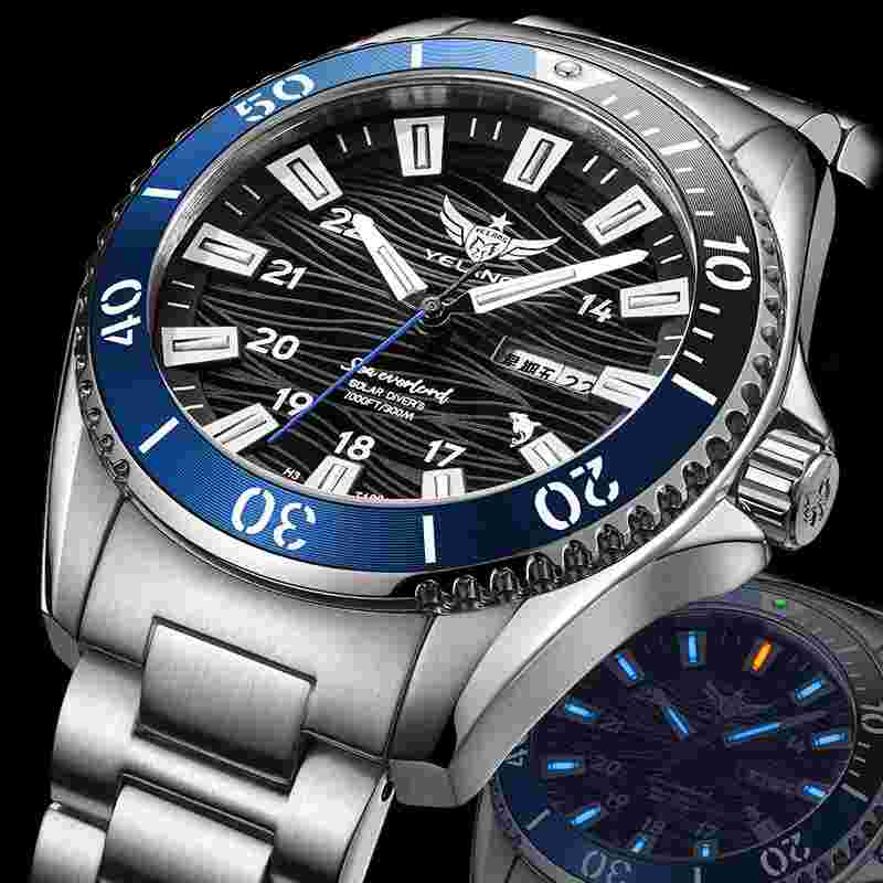 YELANG Men Military Watch Eco-Drive Solar Watches Luminous Wristwatch 300M Sport