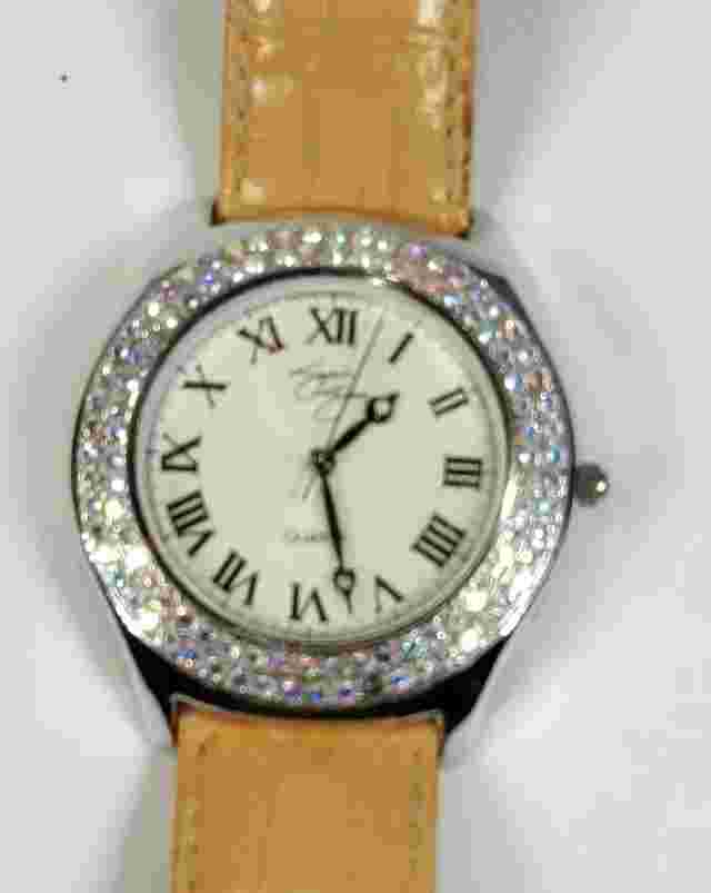 SUZANNE SOMERS WOMENS LARGE WATCH; TAN LEATHER BAND; GEMS; SILVER CASE; WORKS!