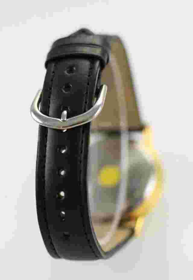 Times Square White Mens Stainless Steel Gold Black Leather Quartz Battery Watch