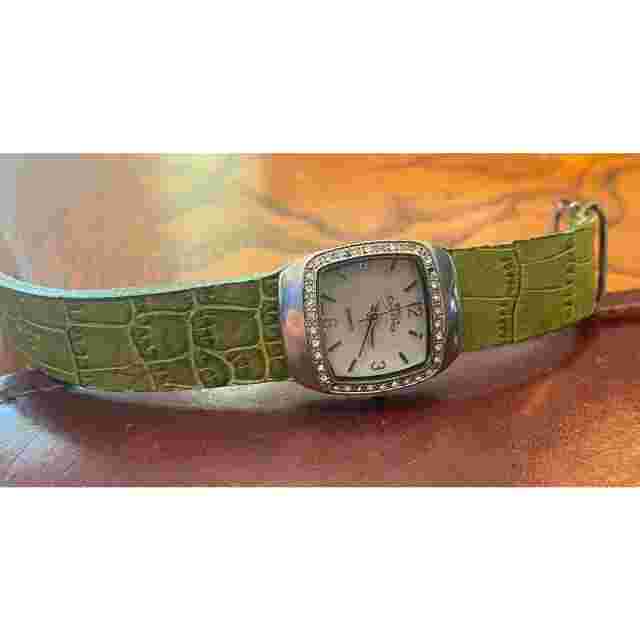 Boca Classics Ladies Silver Tone Watch with Crystal Accents, Green Leather Band