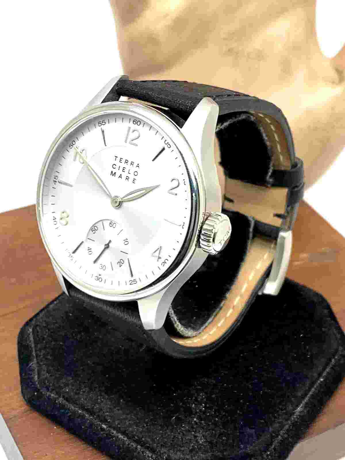 Terra Cielo Mare Men's Watch Swiss Hand Wind Silver Dial Black Leather Band 44mm