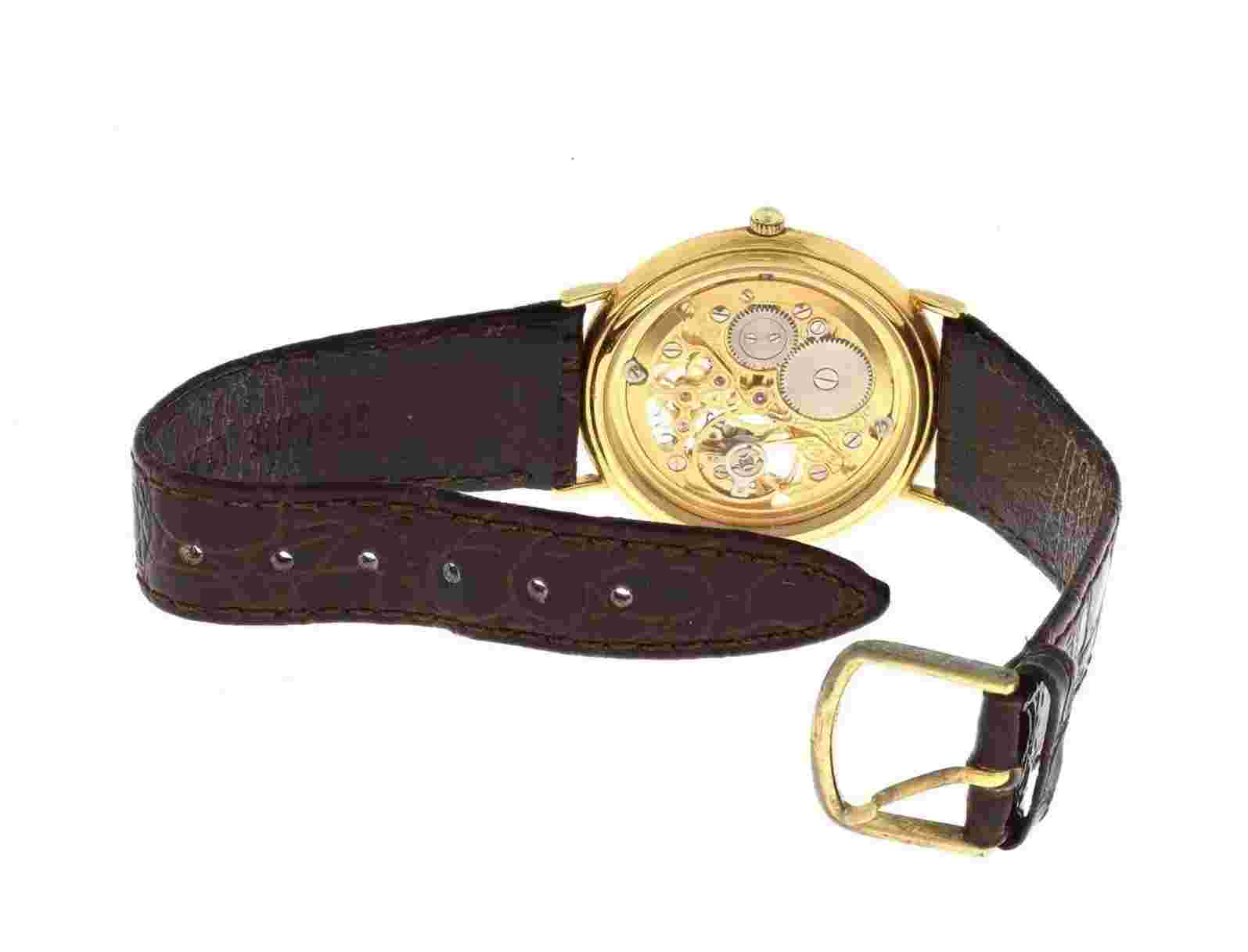 14k yellow gold Paul Breguette skeleton watch 32mm case leather strap