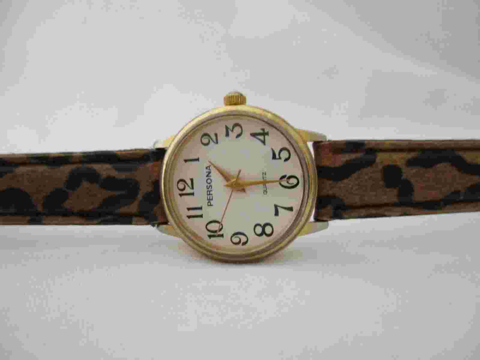 Persona Women's Cheetah Print Leather Buckle Band Watch Analog