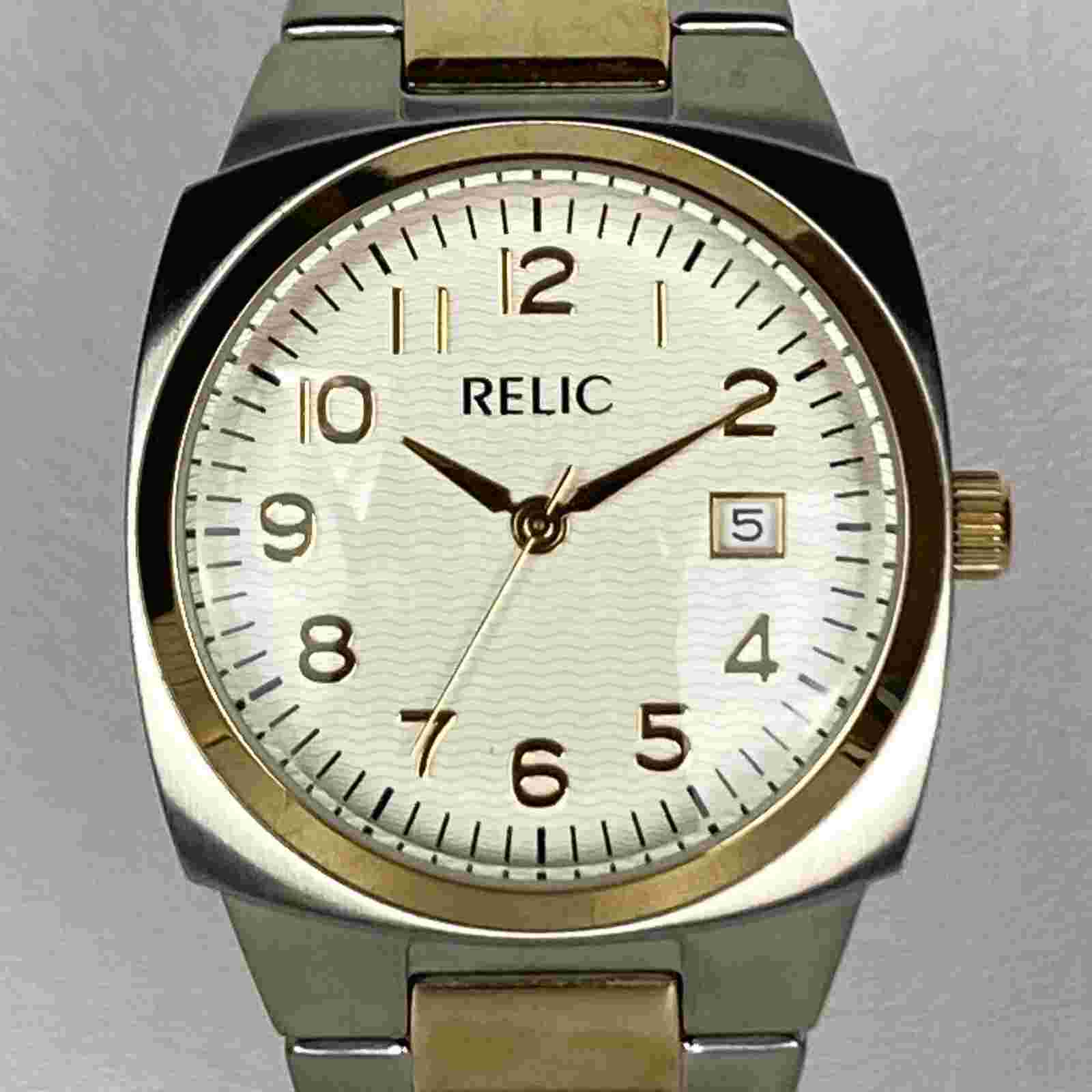 Relic Watch Men 37mm Silver Gold Two Tone Date White Dial 30M WR New Battery 8"
