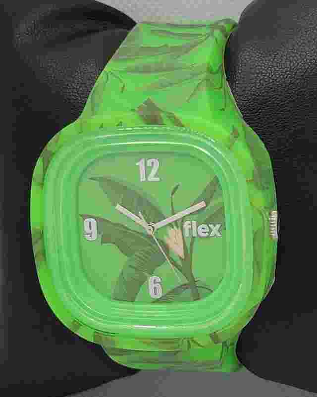 Unisex Flex Square Green Palm Flower Silicone Band Analog Watch M1
