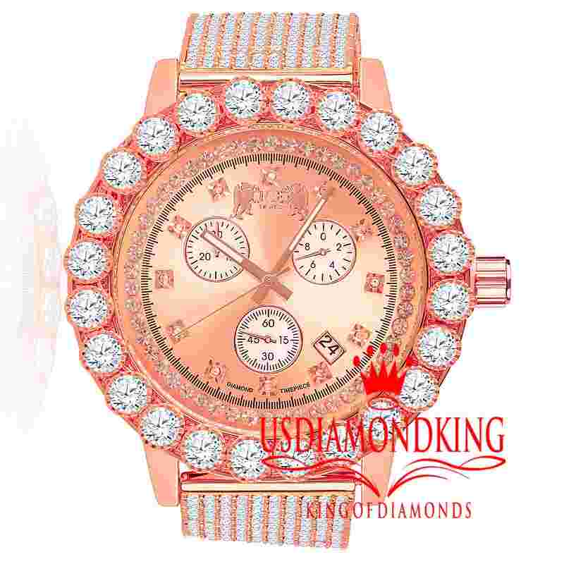 Mens Rose Gold Tone Watch Solitaire Full Custom Diamond Steel Bling New