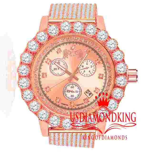 Mens Rose Gold Tone Watch Solitaire Full Custom Diamond Steel Bling New