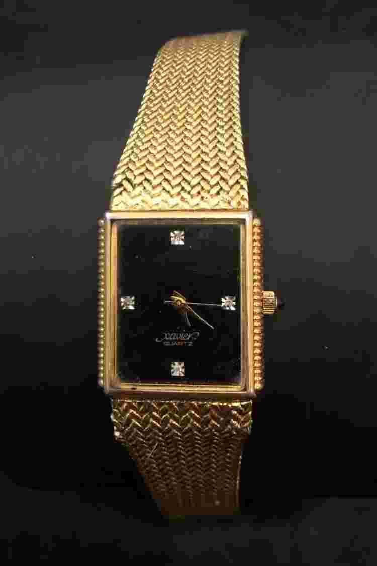 Men's XAVIER Quartz Watch, Diamond Markers, Gold-Plated, Black Dial Vintage