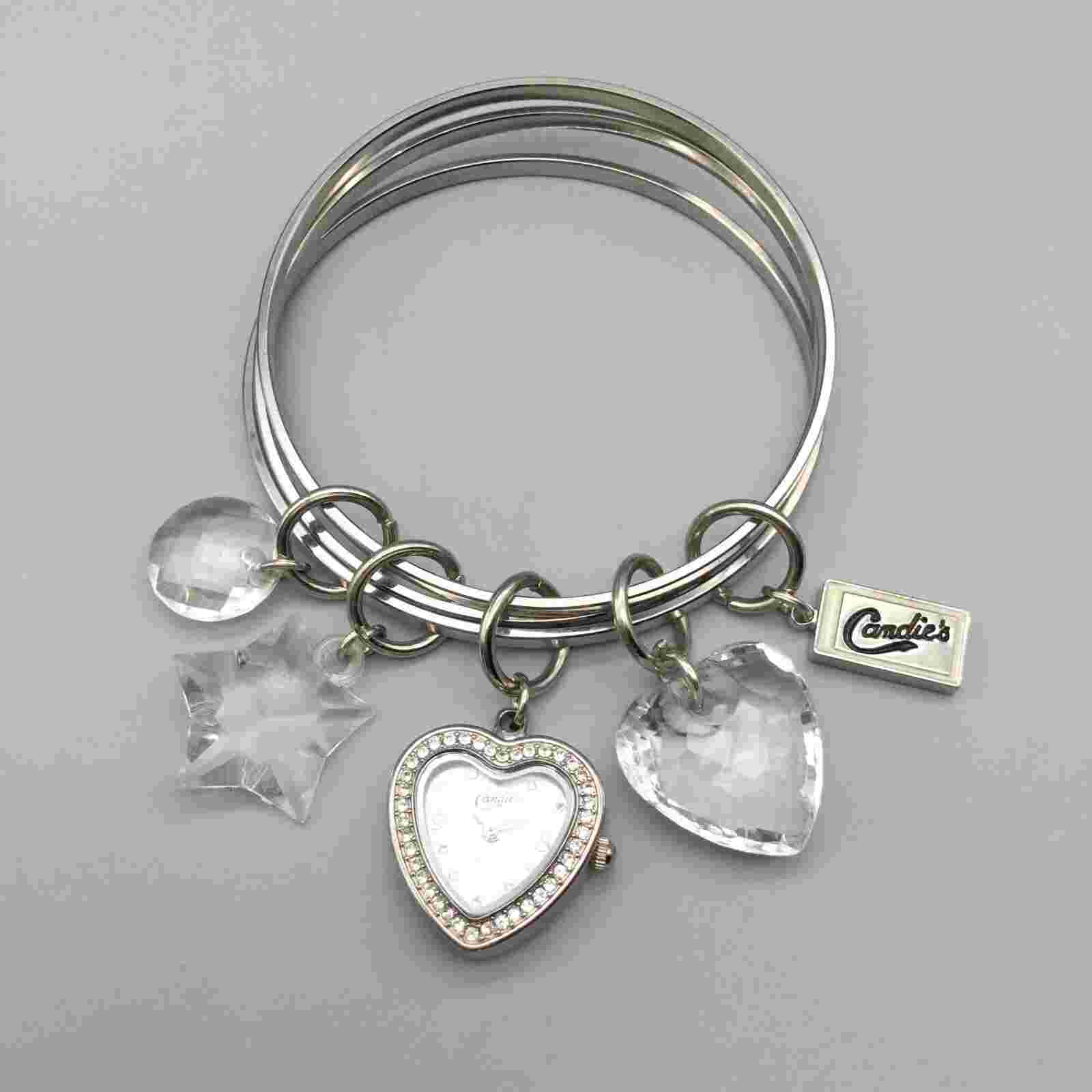 Candie's Heart Watch Women 23mm Silver Tone Charm Bracelet New Battery 7.75"