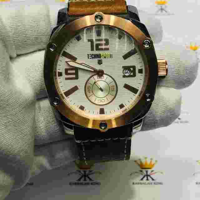 TechnoSport Rose Gold Stainless Steel Large Dial Chronograph Brown Leather Watch