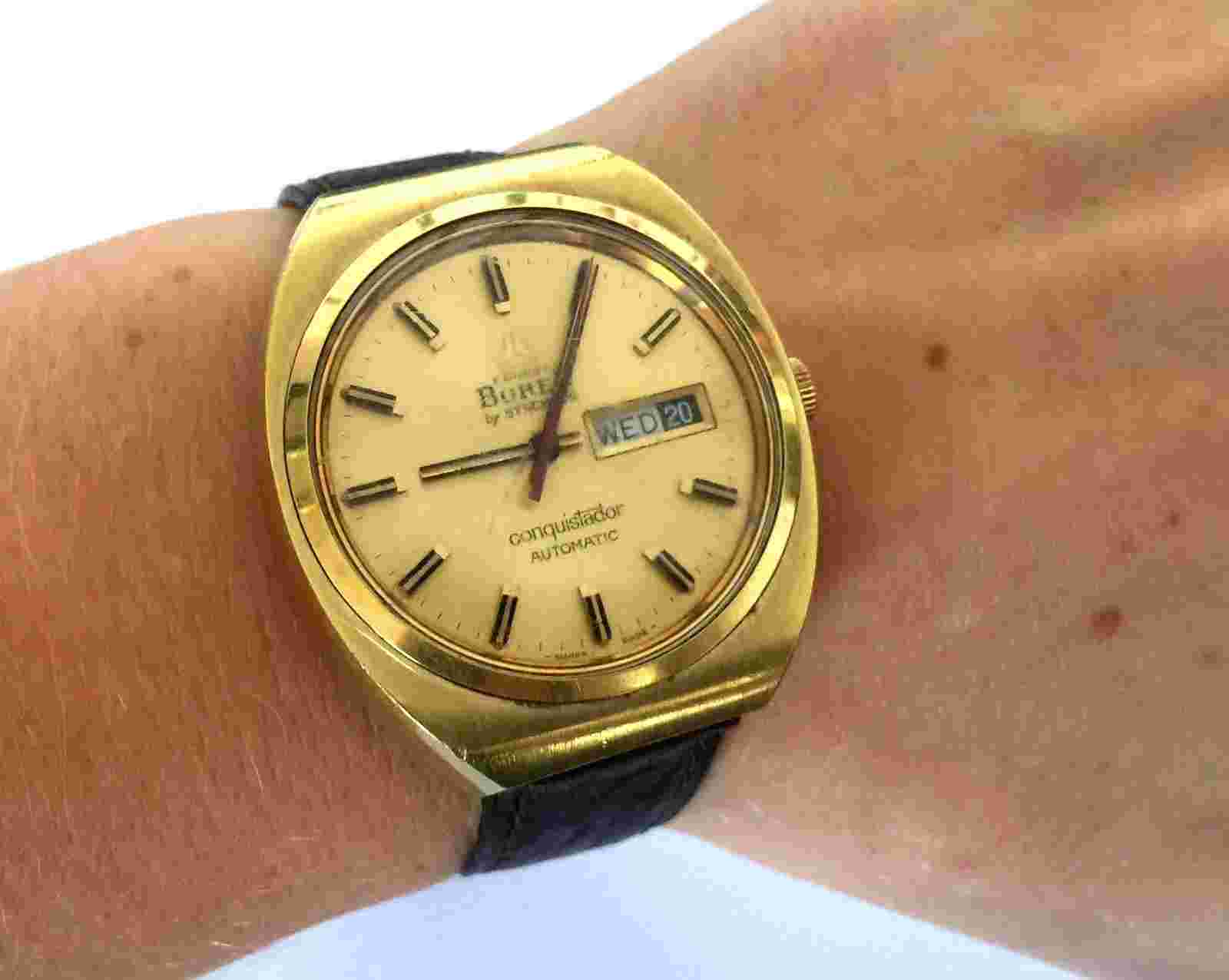 VINTAGE BOREL BY SYNCHRON CONQUISTADOR AUTOMATIC SWISS WATCH DAY DATE RUNS