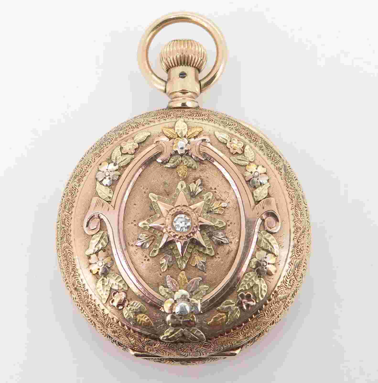 .C1890 Illinois 14K Multicolour Gold Diamond Set 6s Pocket Watch - Serviced