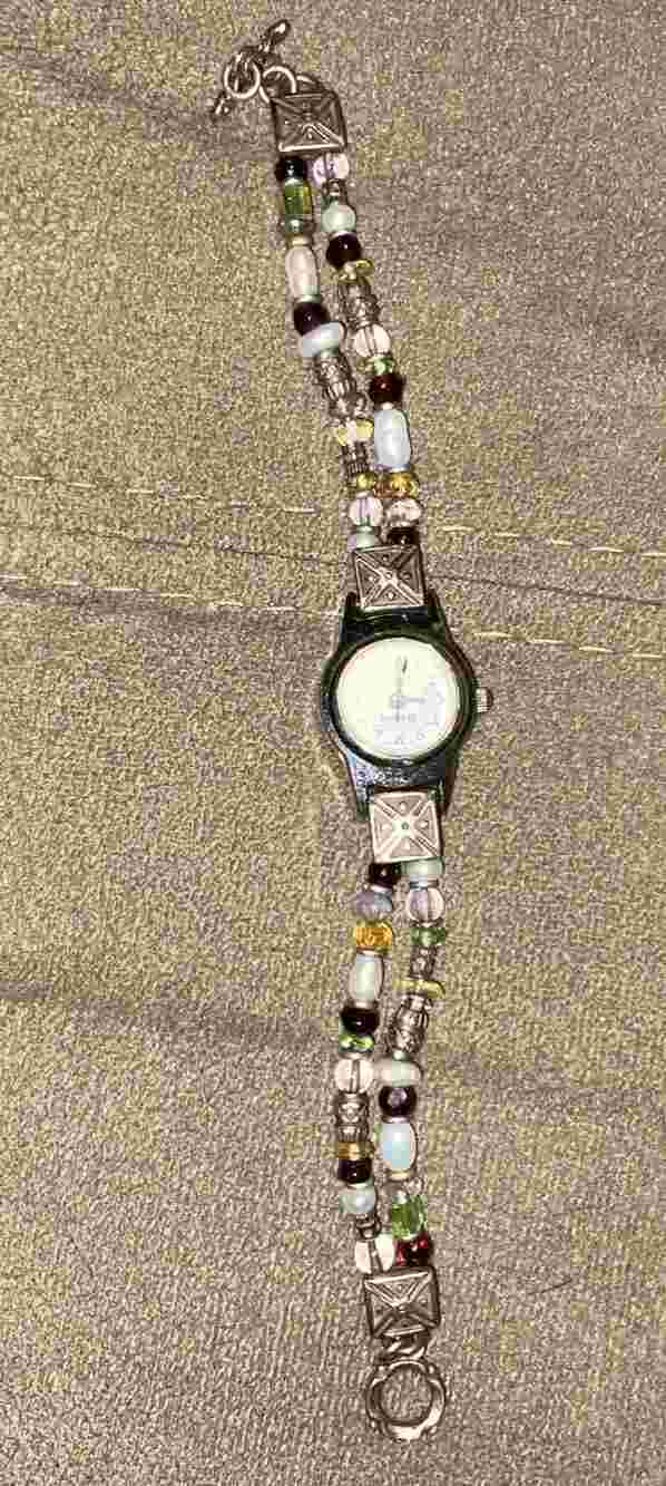 Vintage Sterling Silver Pearl & Gemstones Peyote Bird Brand Watch Needs Battery