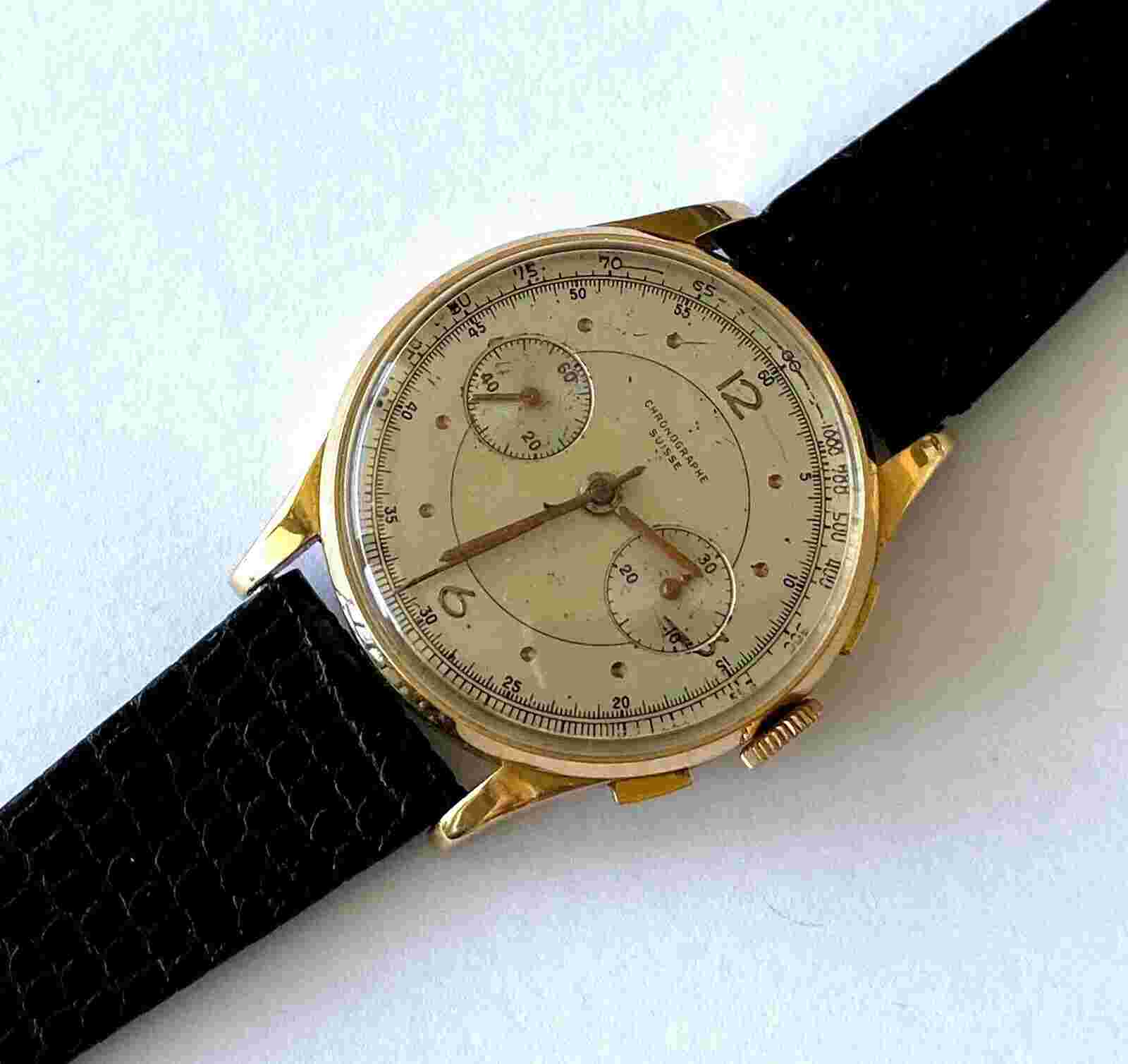 .750 18K Solid Yellow Gold Chronographe Suisse Lizard Band Mens Mechanical Watch