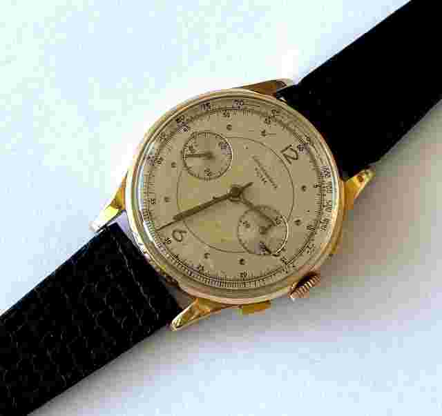 .750 18K Solid Yellow Gold Chronographe Suisse Lizard Band Mens Mechanical Watch