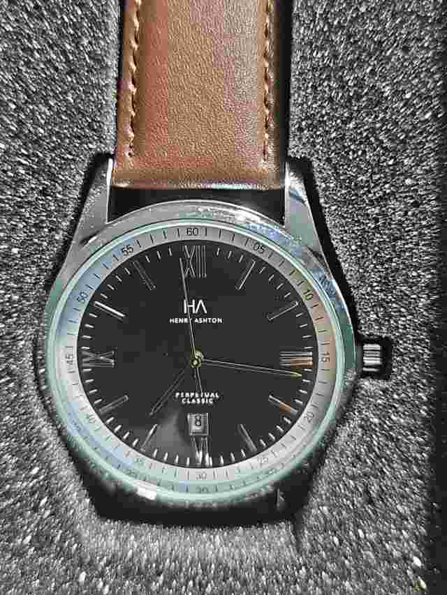 Henry Ashton Perpetual Classic Mens Watch 42MM Black Dial Brown Band With  Date