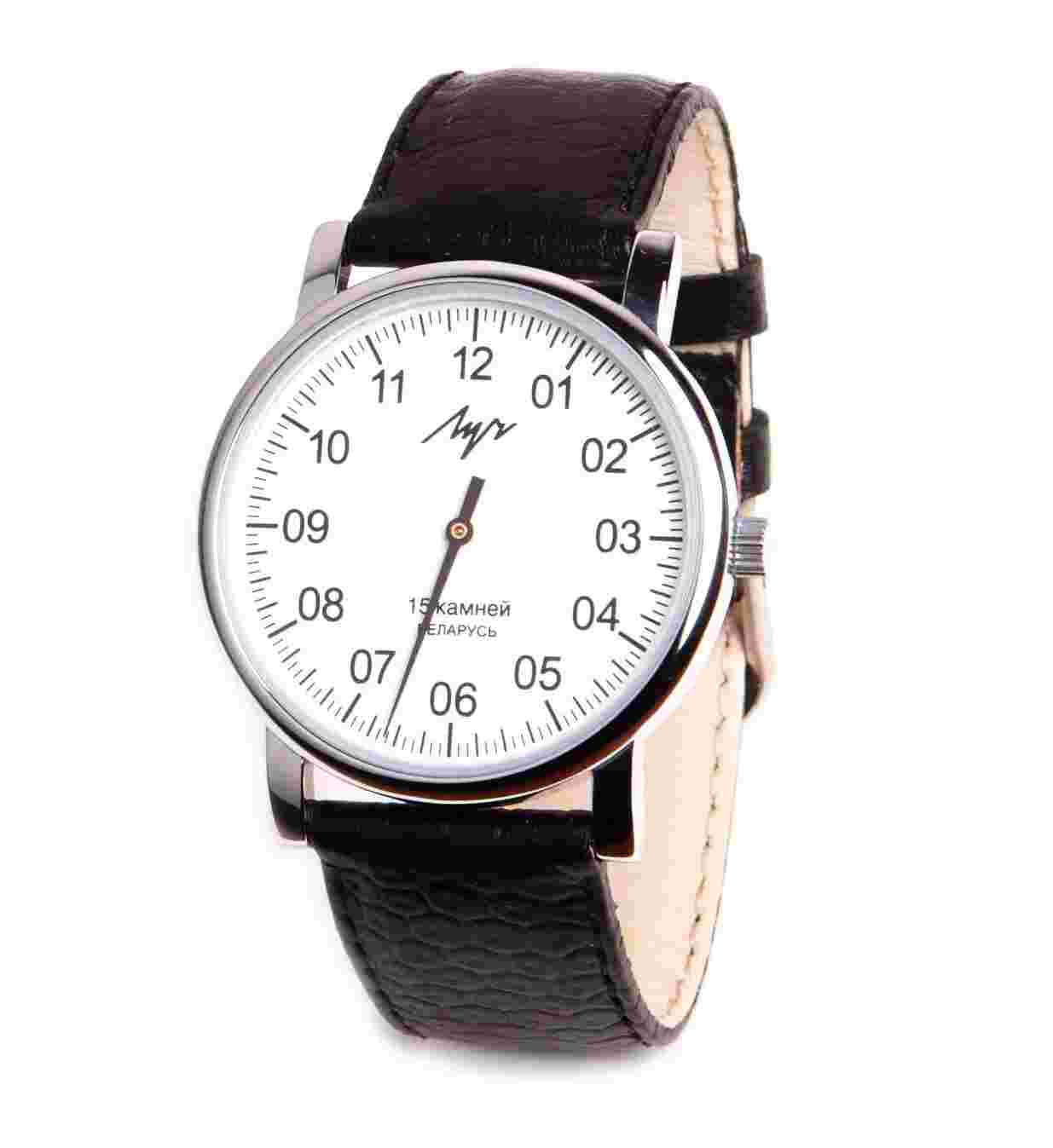 Luch One Hand 77471760 36mm White Chrome Case with Black Leather Band Men's Wristwatch