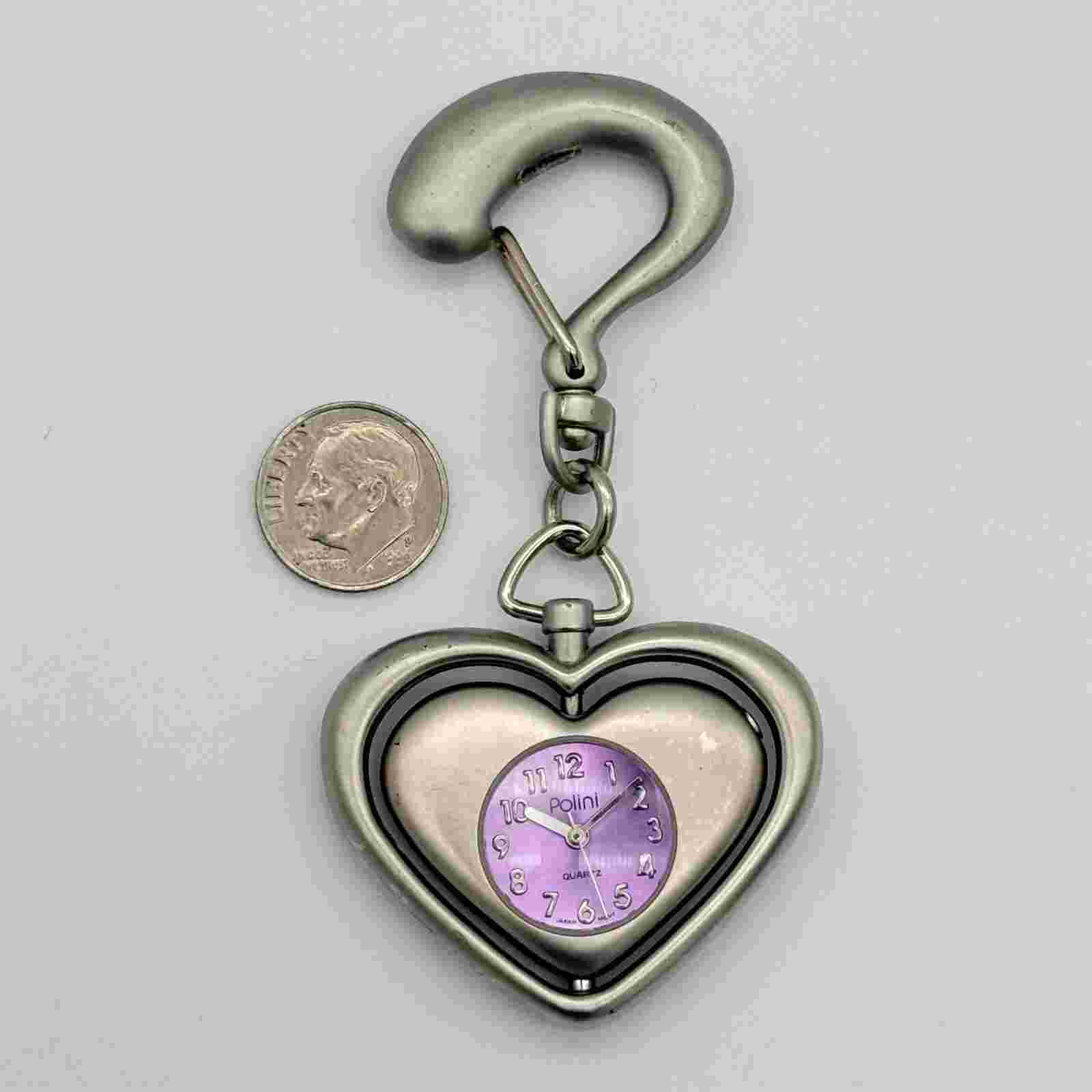 Women's POLINI Matte Silver Tone Heart Shaped Keychain Watch, Purple Dial, Runs