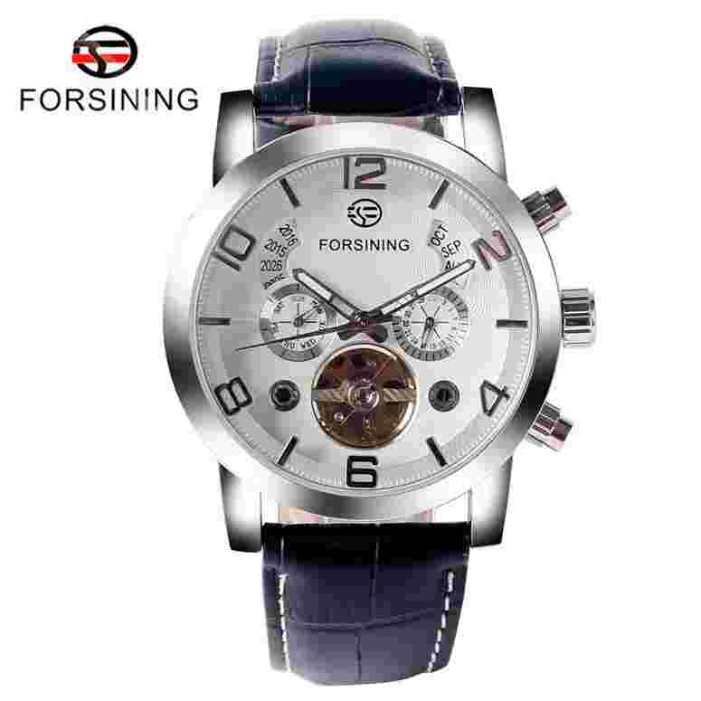 Forsining Mens Automatic Mechanical Watch Black Strap Date Day Calendar Luxury