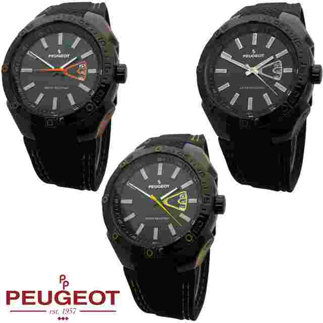 Peugeot Men Water Resistant Sports Watch with Calendar & Black Rubber Strap