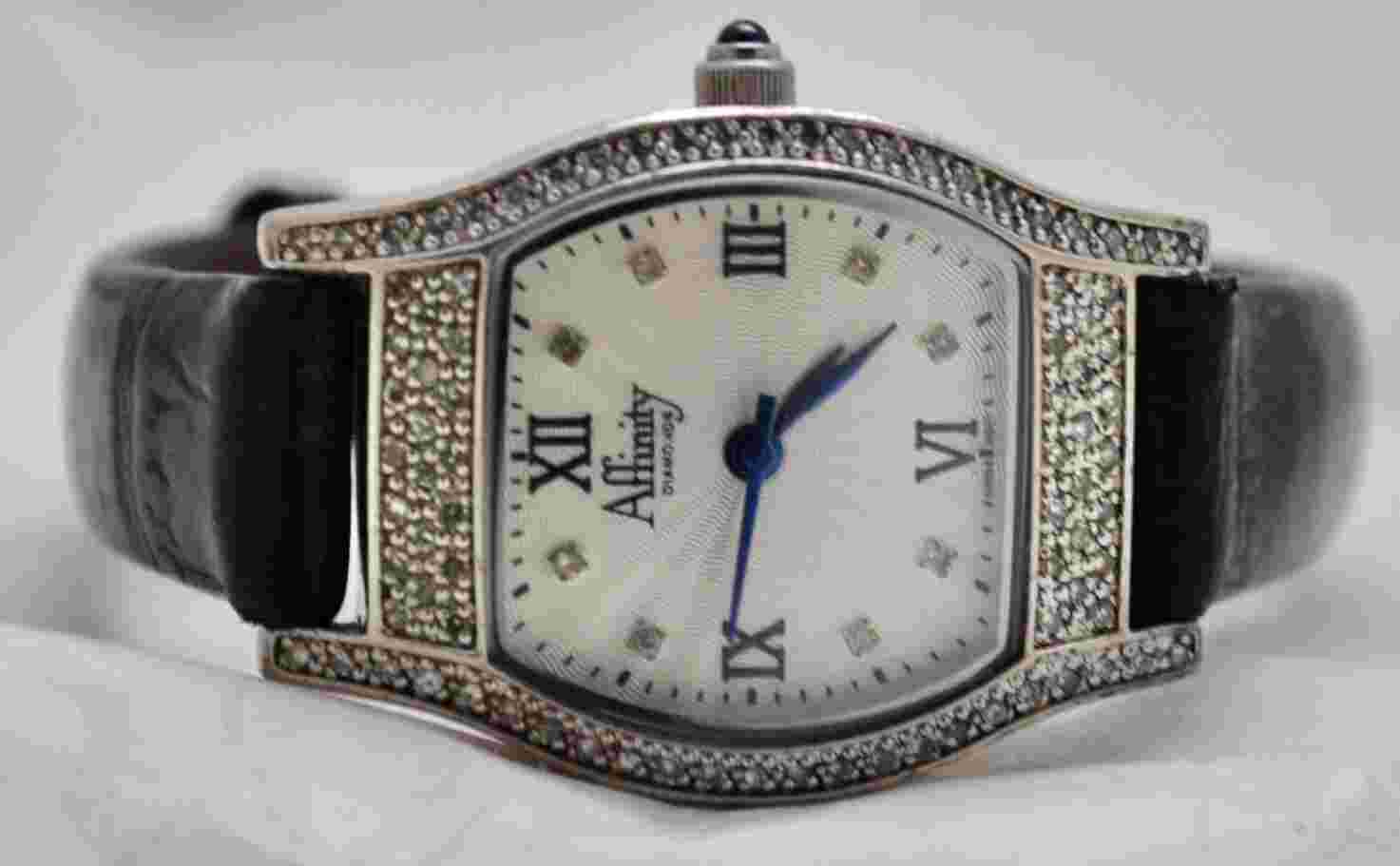 Affinity Sterling Silver .40 CTTW Pave Diamond Watch Black Leather Band