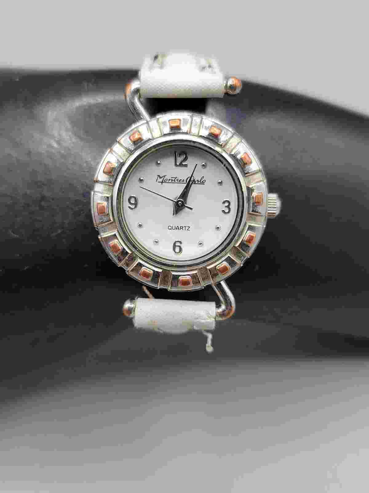 Montres Carlo Ladies Quartz Watch 25mm Dial 6.75" White Leather Band 22850