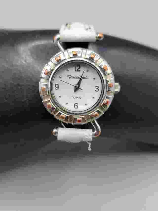 Montres Carlo Ladies Quartz Watch 25mm Dial 6.75" White Leather Band 22850