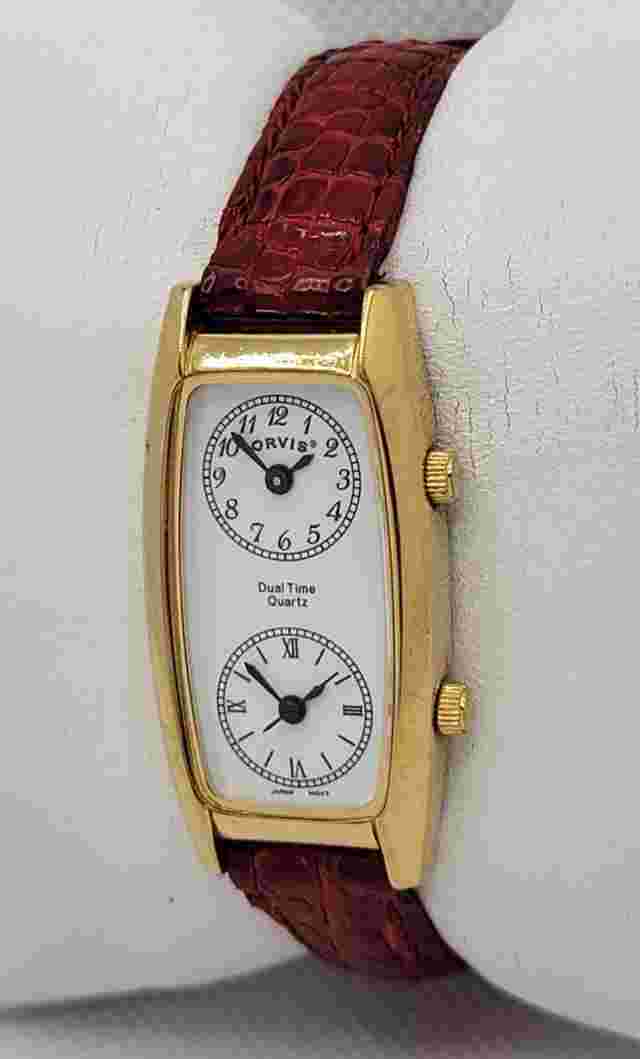 Ladies Orvis Dual Time Quartz Gold Tone Red Leather Band Watch H5