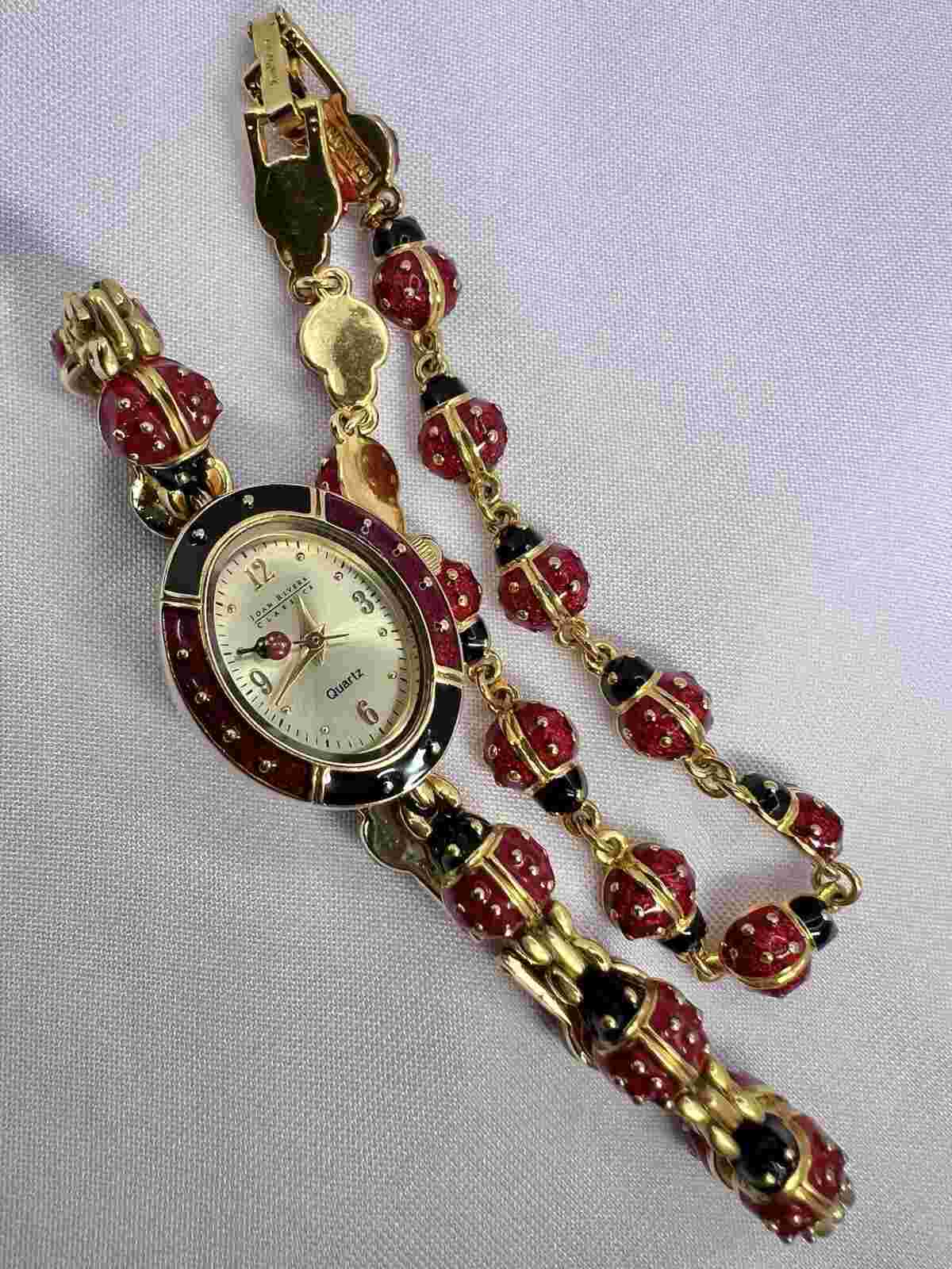 Vintage Joan Rivers Classics Ladybug Gold Tone & Enamel Bracelet Watch Classy