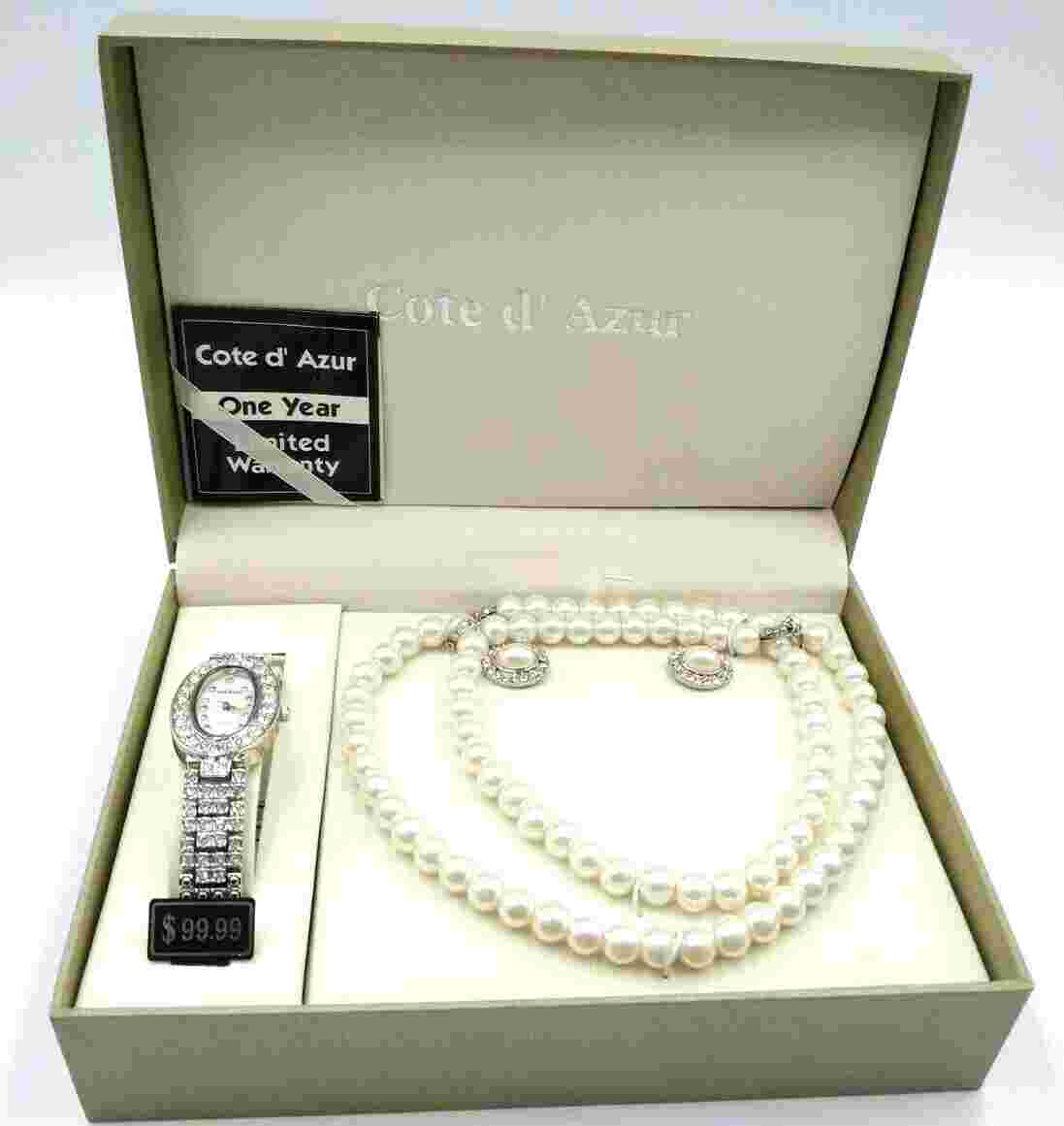 Cote d" Azur  New Gift Box Rhinestone Watch Simulated Pearls & Earrings Set