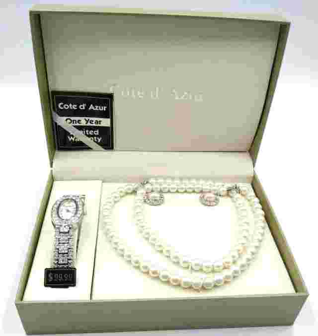 Cote d" Azur  New Gift Box Rhinestone Watch Simulated Pearls & Earrings Set