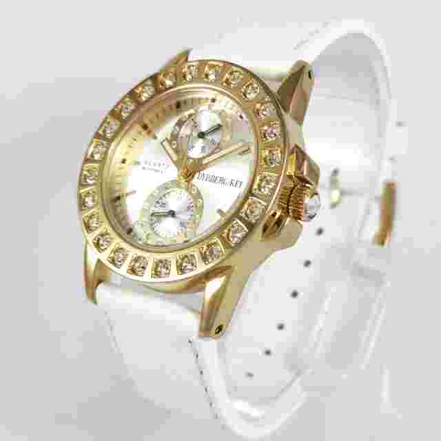 Dyrberg/Kern Gold White Leather Strap Quartz Diamonds Women's Wrist Watch