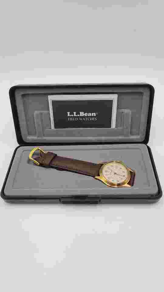 LL Bean Field Watch Watch Men Gold Tone Date Brown Leather Band New Battery