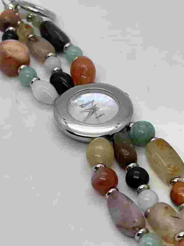 Vintage New PRESTIGE Women's 32mm Quartz Watch SS Case MOP Dial Stone Bracelet