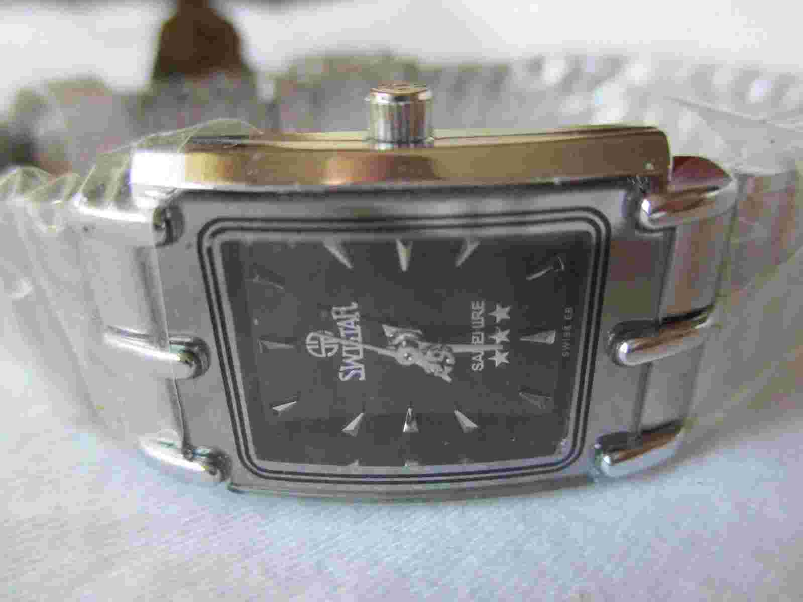 Swistar Sapphire Wristwatch Silver Toned Band Rectangular Black Face