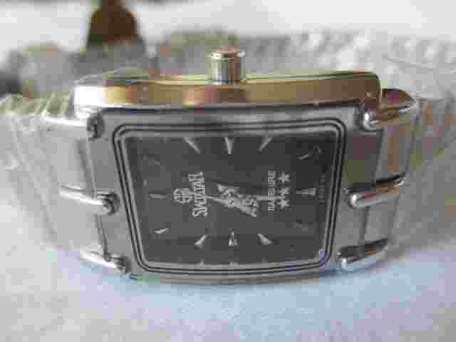 Swistar Sapphire Wristwatch Silver Toned Band Rectangular Black Face
