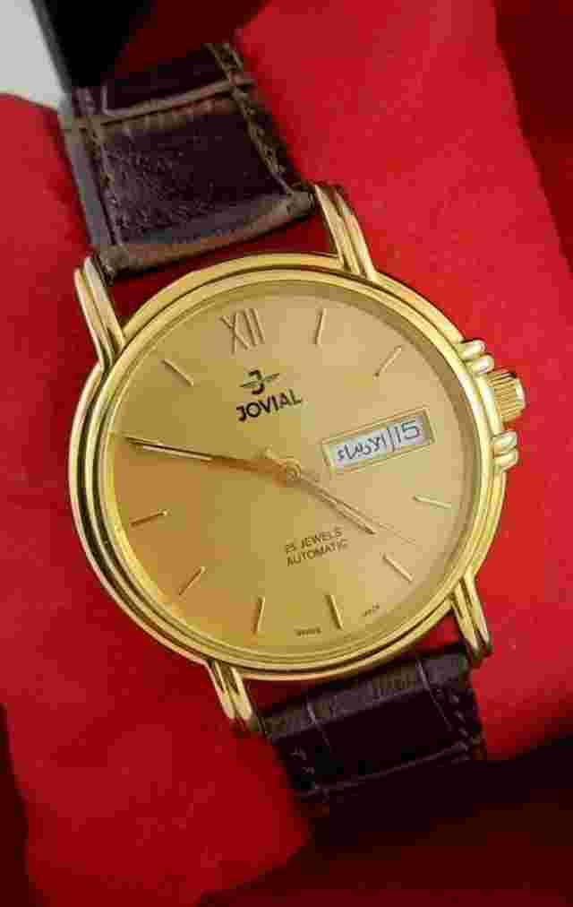 RARE jOVIAL AUTOMATIC 25JEWELS DAY-DATE SWISS MADE SS GOLDEN MEN’S WRIST WATCH