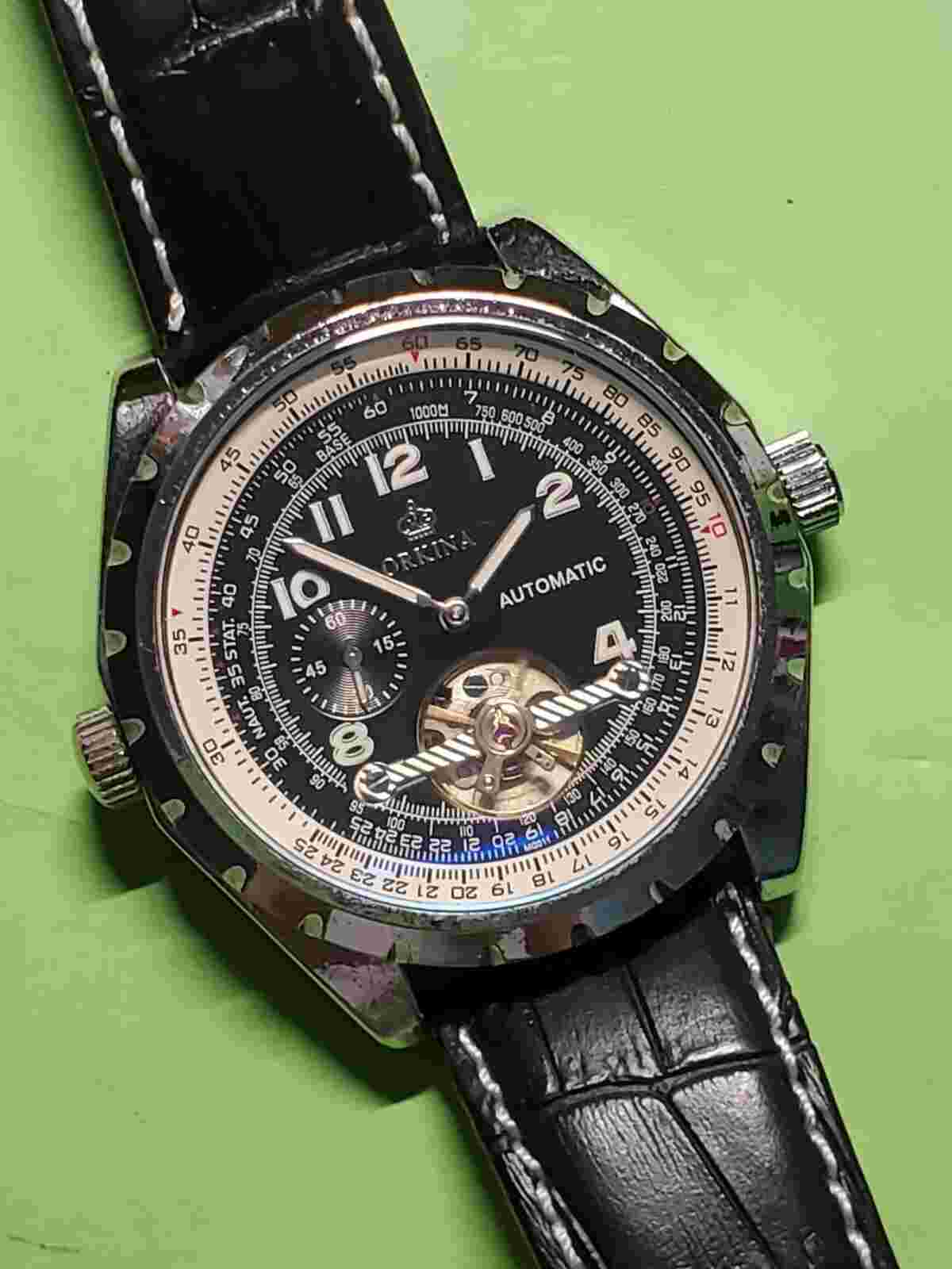 Orkina Black Dial Tourbil Big Size 47mm Diaplay case back Automatic gents Watch