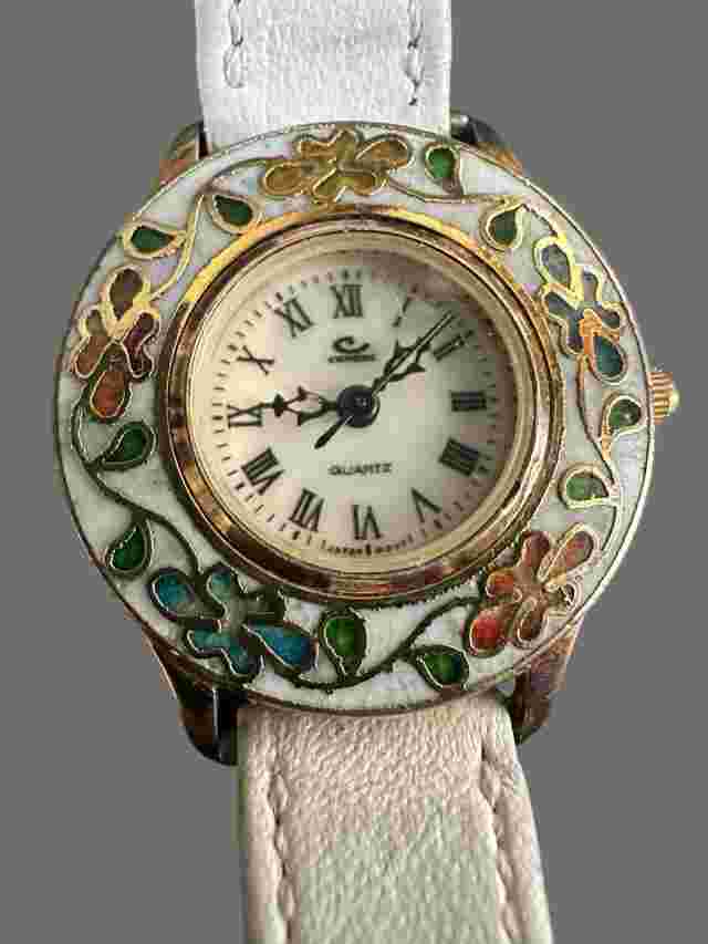 Vintage Cenere Floral Gold Tone White Enamel Case Quartz Watch Leather Strap