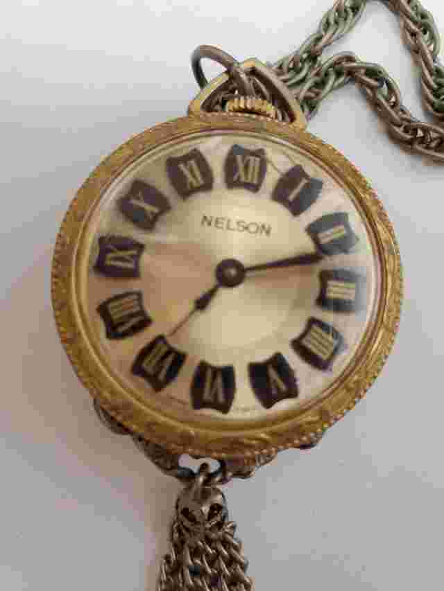 Vintage Swiss Made Nelson Ladies Pendant Watch Gold Tone w/ Brooch REPAIR