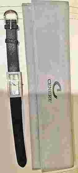 CENERE QUARTZ WRISTWATCH RHINESTONES &PEARLY FACE BLACK LEATHER SUEDE BAND