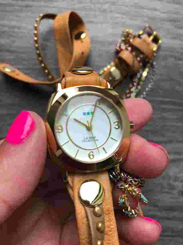 LA MER COLLECTIONS Women's Tan Leather Wrap Chain Watch with Teal Stones NEW