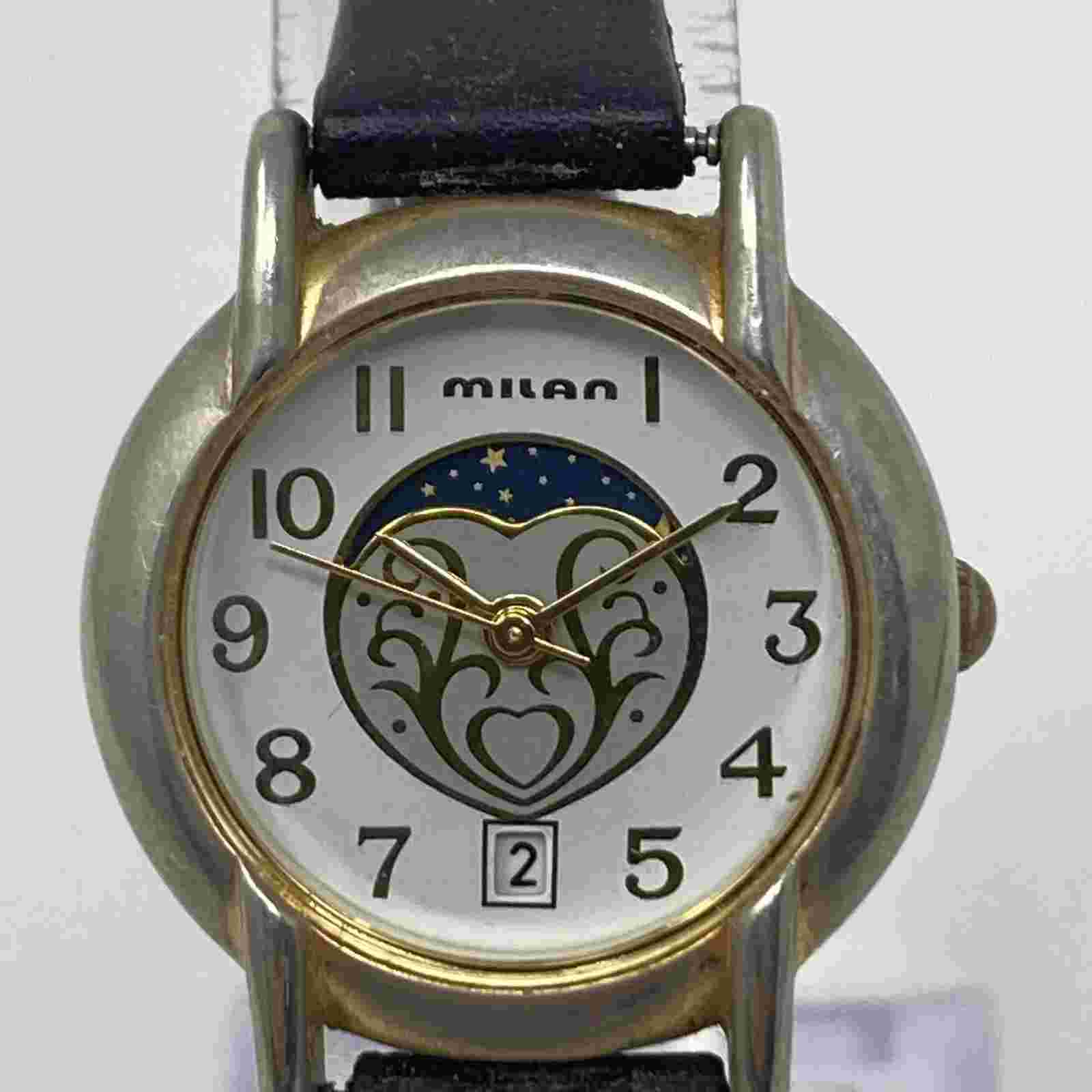 Vtg Milan Moon Phase Watch Women 26mm Gold Tone Date Black Band New Battery 7.5"