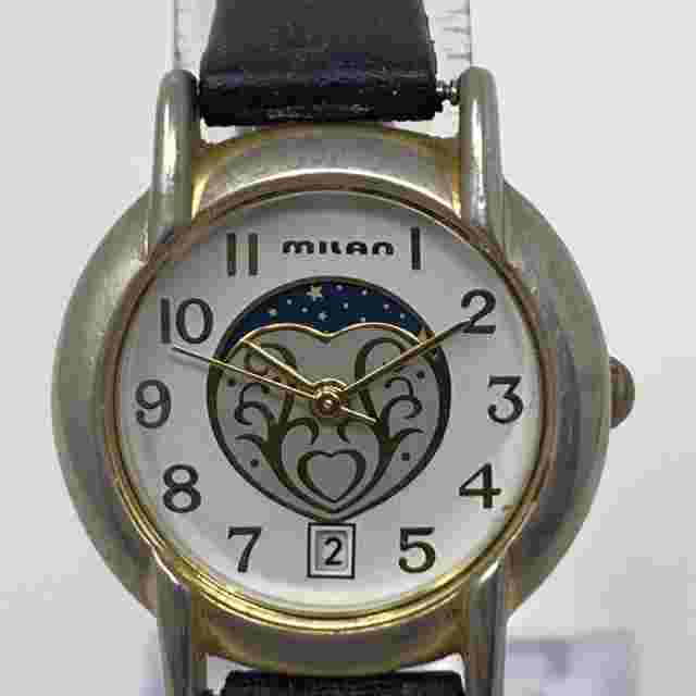 Vtg Milan Moon Phase Watch Women 26mm Gold Tone Date Black Band New Battery 7.5"